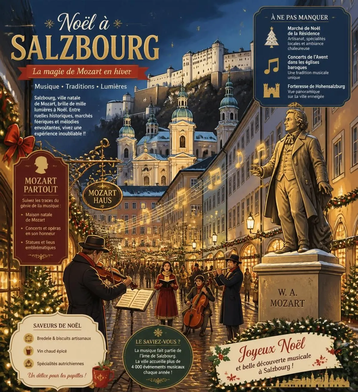 découvrez salzbourg, la ville natale de mozart, explorez la majestueuse forteresse de hohensalzburg et vivez la magie des marchés de noël traditionnels en autriche.