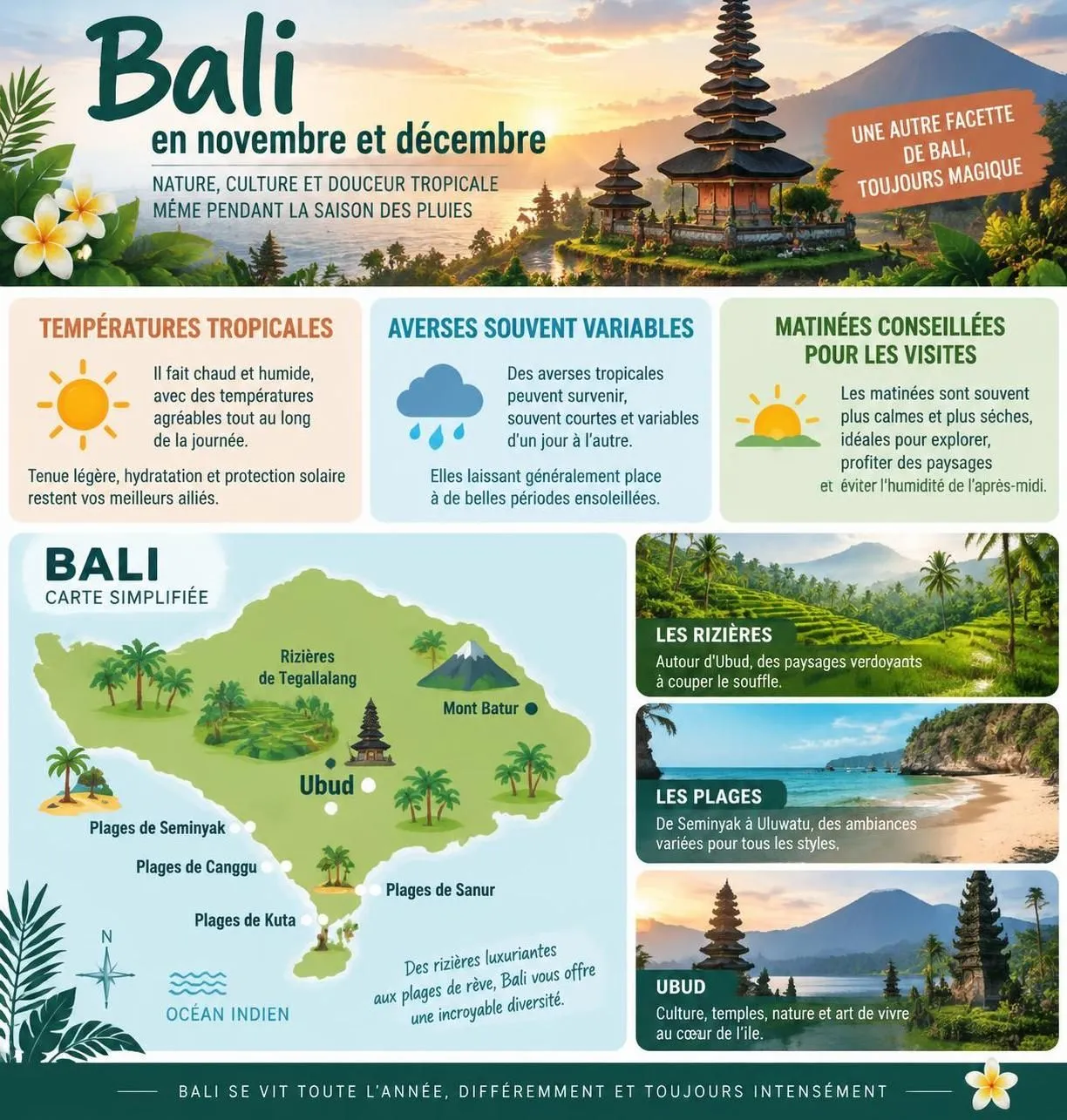 découvrez bali en novembre et décembre : météo, saison des pluies, activités autour d’ubud et conseils pratiques pour préparer votre séjour.