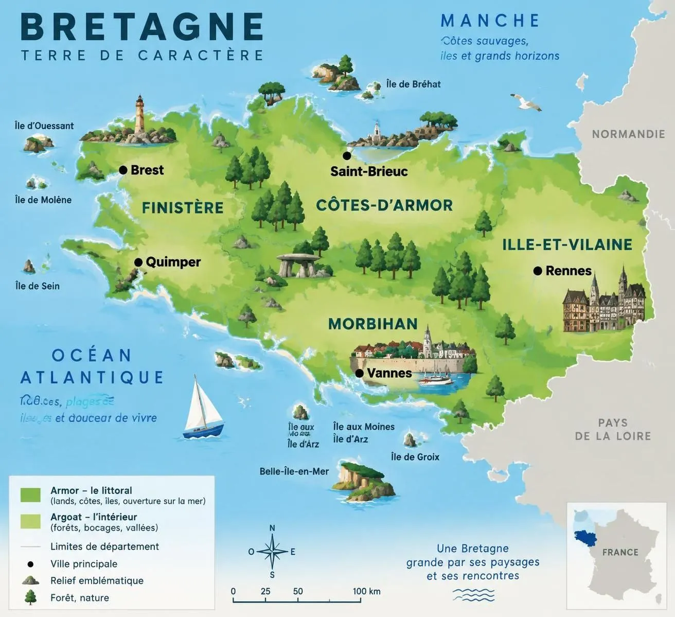 découvrez la carte des régions de bretagne, le finistère, les côtes-d’armor et les essentiels pour organiser un road trip côtier inoubliable.