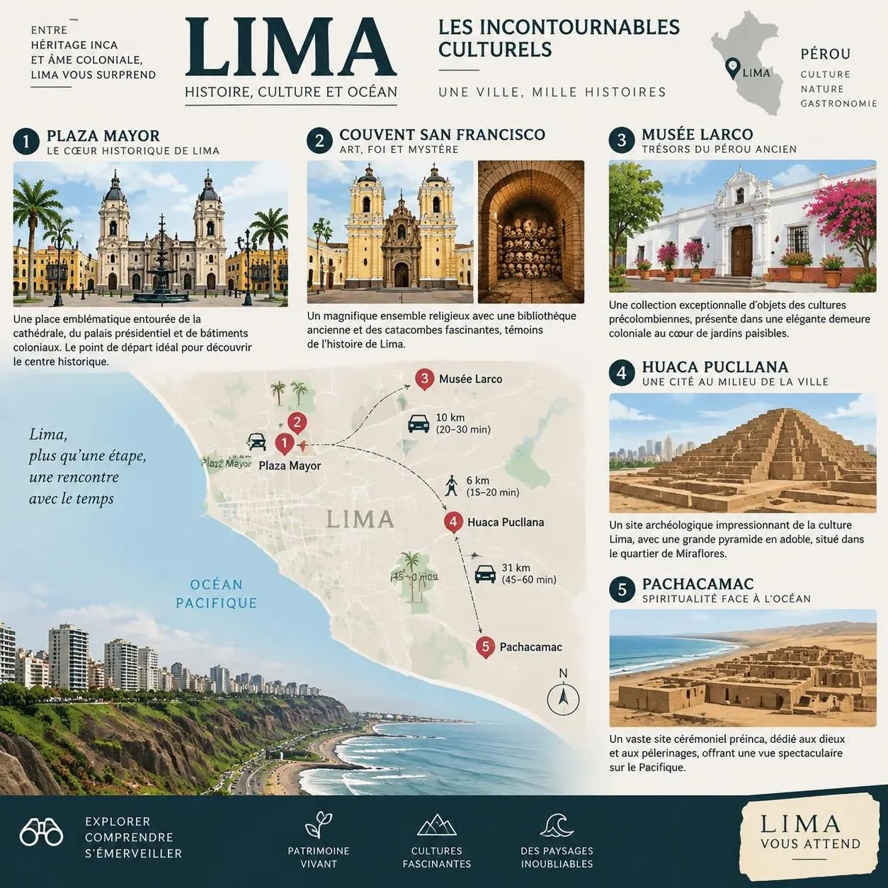découvrez lima, capitale du ceviche : gastronomie péruvienne, quartiers de miraflores et barranco, conseils pratiques pour organiser votre séjour.