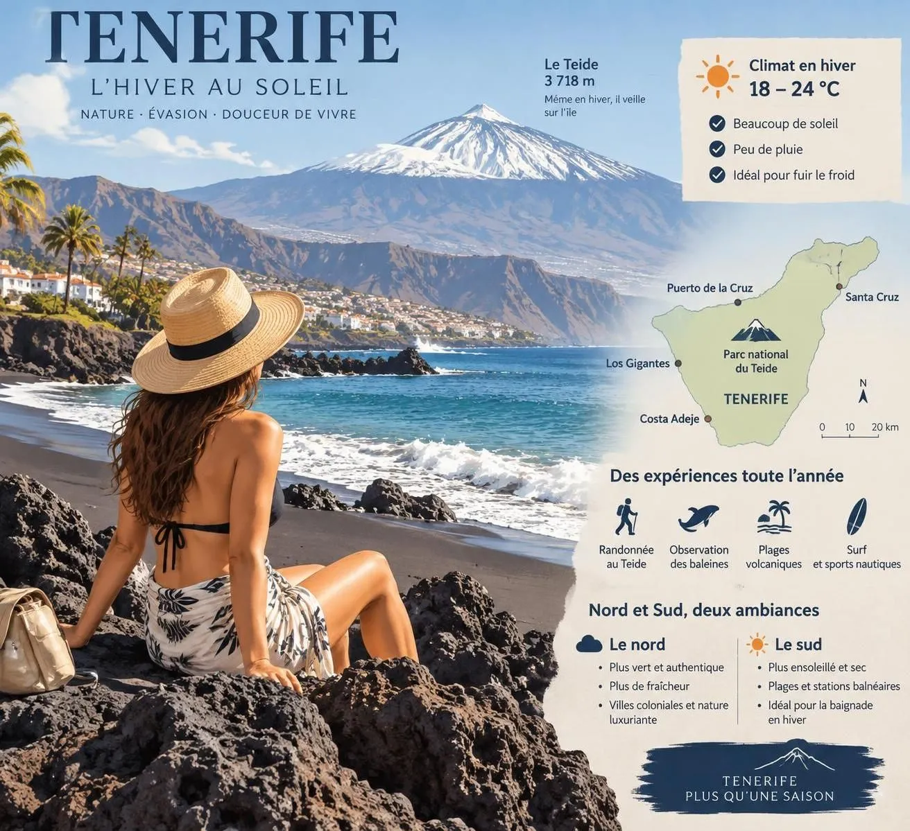 en hiver, profitez du climat doux de ténérife, de ses plages, de ses paysages volcaniques et de ses activités en plein air pour échapper au froid européen.
