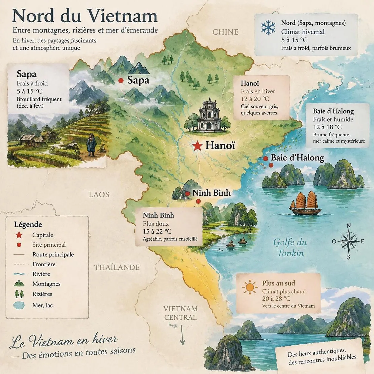 découvrez le vietnam du nord en hiver : hanoi animée, baie d’halong brumeuse et sapa parfois enneigée, pour un voyage hors saison inoubliable.
